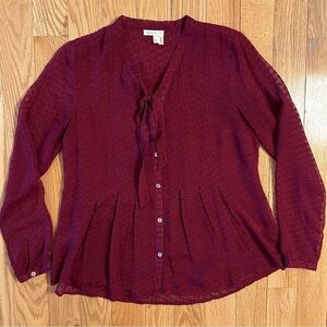 Anthropologie Meadow Rue Maroon Swiss Dot Tie Neck Blouse XS